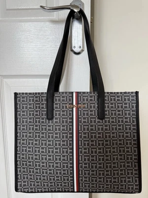 Tommy Hilfiger Black & Grey Bag With Iconic Stripe And Gold Detailing - Image 1 of 4