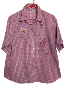 Vintage Bonworth Floral Dragonfly Embroidered Pink Red Plaid Top XXL Cottagecore - Picture 1 of 5