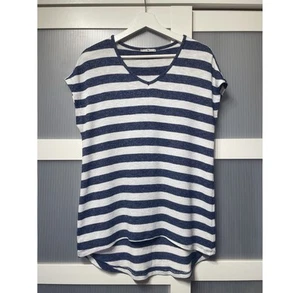 TU Blue White Striped V Neck Short Sleeve Curved Hem T-Shirt Size 10 - Picture 1 of 9