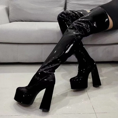 Mujeres Botas de plataforma hasta el muslo Botas elásticas con cremallera lateral sobre la rodilla Zapatos elásticos Foto 1 de 4