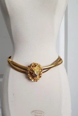 Cinturón de cable de cintura de metal delgado cabeza de león placa dorada vintage Judith Leiber años 80 Foto 1 de 4