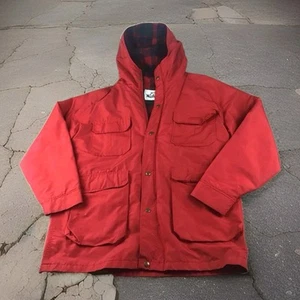 Woolrich Vtg Men Red Full Zip/Snap Wool Lined Hooded Windbreaker Jacket Sz Large - Picture 1 of 19