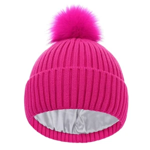 Kids Winter Hat Girls Beanies 7-14 Satin Lined Beanie for Girls Pom Pom Silk ... - Picture 1 of 8