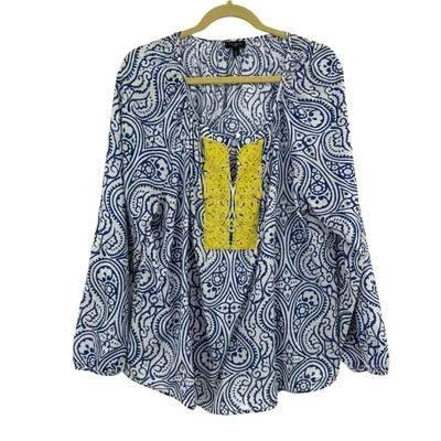 Blusa Top TALBOTS Azul Blanco Amarillo Cuentas Cuello Dividido Algodón Pestaña Enrollable 2X Cachemira Foto 1 de 4