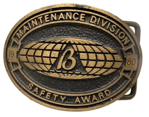 Vintage Messing 1980 "B" Globus Logo Wartungsabteilung Sicherheit Auszeichnung Gürtelschnalle - Bild 1 von 4