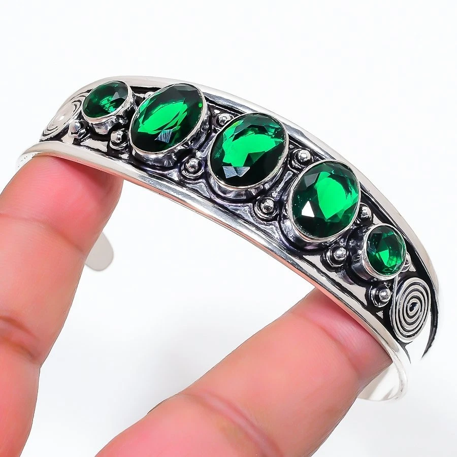 Green Peridot Gemstone Handmade 925 Sterling Silver Cuff Bracelet Adjustable - Image 1 of 1
