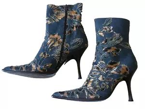 MINT~! $1,495 ROBERTO CAVALLI Denim Blue Leopard Floral Ankle Boots IT 37 US 7M - Picture 1 of 9