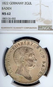 German States Baden 1822 2 Gulden Coin Thaler NGC MS 62 Taler F.ST/STG RARE - Picture 1 of 3