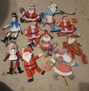 Vintage Rare 10 Ten Wooden Jumping Jack Pull toy Christmas Ornaments Santas - Picture 1 of 10