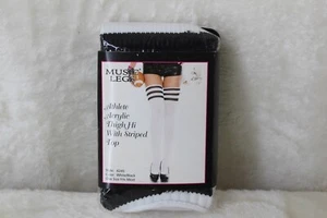 ML-4245 Roller Derby White Long Athletic Black Stripes Thigh Highs Stockings - Picture 1 of 6