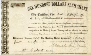 1853 Reading Water Stock Certificate - Picture 1 of 1
