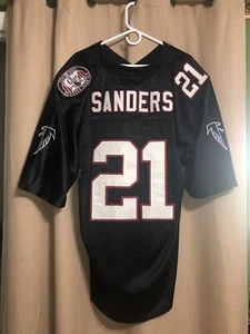 RARE Deion Sanders #21 ATLANTA FALCONS 25 SEASON PATCH 1990 Black Jersey Size 52 - Picture 1 of 24