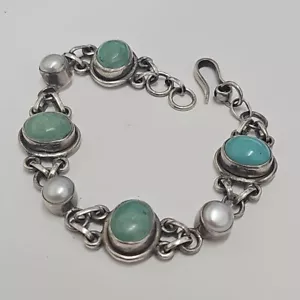 Antique Mexico 925 Sterling Silver Pearl & Turquoise Bracelet 7.5in 19g G176 - Picture 1 of 8