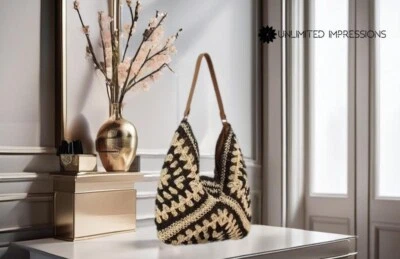 Crochet Straw Hobo Tote Shoulder Bag Black/Natural Beach Bohemian Summer Tote - Image 1 of 4