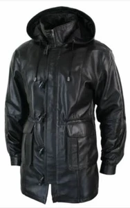 Men's Trench Hooded Over Coat Genuine Sheepskin Black Leather Jacket Coat - Picture 1 of 5