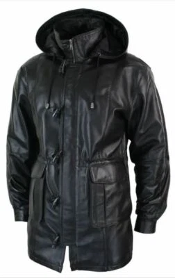 Men's Trench Hooded Over Coat Genuine Sheepskin Black Leather Jacket Coat - Image 1 of 4
