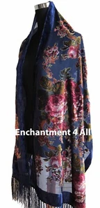 Elegant 100% Silk Burnout Velvet Vintage Floral Oblong Scarf Shawl Wrap, Navy - Picture 1 of 4