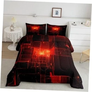 Stereoscopic Neon Square Comforter Set Black Bedding for Boys Girls Queen Red - Picture 1 of 6