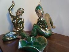 Mid-Century Balinese Dancer Figurines Green and Gold Ceramic Plus Dish by Yona