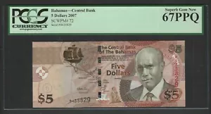 Bahamas 5 Dollars 2007 P72 Uncirculated Graded 67 - Picture 1 of 2