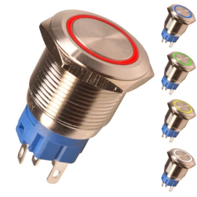 Drucktaster Druckschalter Edelstahl 22mm Beleuchtet 12V LED Taster Schalter Rot - Bild 1 von 4