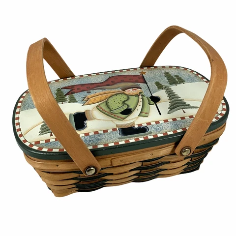 Woven Wood Mini Picnic Basket Ice Skating Snowman Painted Lid Christmas Winter Cover
