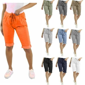 Ladies Italian Plain Magic Comfy Stretchy Lagenlook Hot Pant Side Pocket Shorts - Picture 1 of 11