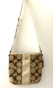 COACH Signature Stripe Adjustable Shoulder Bag Canvas Metallic Gold - Picture 1 of 14