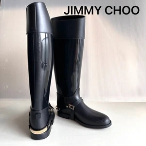 Jimmy Choo Strap Rain Boots Long Rubber Black Lady Shoes - Picture 1 of 10