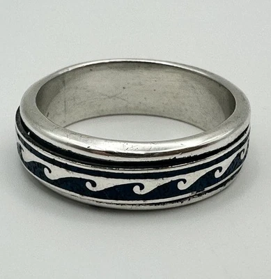 Mexico Vintage 925 Sterling Silver Blue Wave Spinner Anxiety Fidget Ring Size 13 - Image 1 of 4