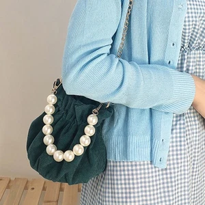 1 Pc Retro Crossbody Bag Pearl Chain Bag Corduroy Pleated Corduroy Pleated Bag - Picture 1 of 11