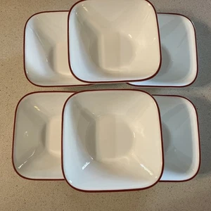 Set Of 6 Corelle SPLENDOR Square Bowls White Bowl Red Rim Cereal Soup 6 1/2” - Picture 1 of 9
