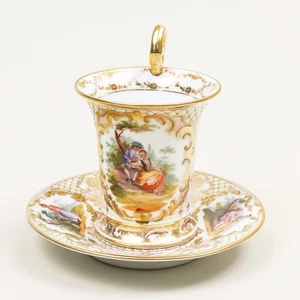 Antiguo platillo taza chocolate pintura Watteau de Richard Klemm Dresden 1890 - Imagen 1 de 10