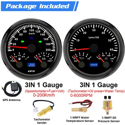 2 Gauge Set With Senders 85mm GPS Speedometer 200km/H Fuel Volt&Tacho/Temp/Press - Image 1 of 4
