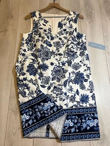 NWT London Times Cotton Stretch White Blue Floral Sheath Dress Sz 10 - Picture 1 of 7