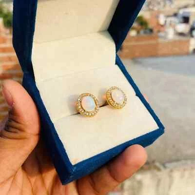 2Ct Oval Cut Opal Lab Created Women's Cufflink Earrings 14K Yellow Gold Plated - Image 1 of 4