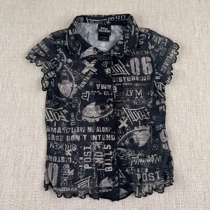 Social Collision Newsprint Mesh Button Top Girls Size Small Emo Black Scene Goth - Picture 1 of 11