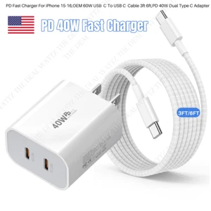 Dual USB-C 40W PD Fast Charge Cube Type C Cable For iPhone 15 16 Plus 16 Pro Max - Picture 1 of 16