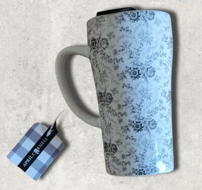 April Cornell Felicity Floral Ceramic Travel Coffee Tea Cup Black Sunflower 20oz - Image 1 of 4