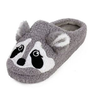 Gray Raccoon Slippers - Plush Fuzzy Animal House Shoes