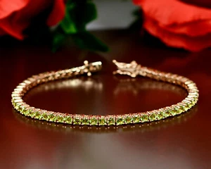 Round Natural Green Peridot Gemstone 925 Sterling Silver Tennis Bracelet Jewelry - Picture 1 of 12