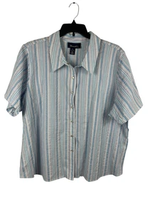 Denim & Co. 3X lila gestreiftes Searsucker Perlen Druckknopf Kurzarm Knopfleiste Top - Bild 1 von 12