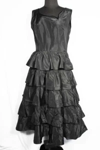 RARE VINTAGE 1960'S TIERED BLACK RAYON TAFFETA PARTY DRESS SIZE 6 - Picture 1 of 7