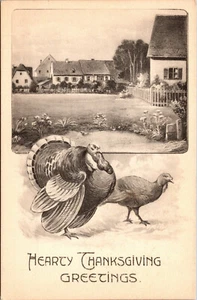 Vtg 1910s Hearty Thanksgiving Greetings Turkeys Cottages Unused Postcard - Picture 1 of 2