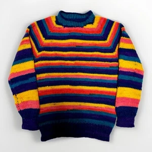 HAND KNITTED TODDLER’S SWEATER RUFFLED SIZE 4-6 BRIGHT STRIPED - Picture 1 of 4