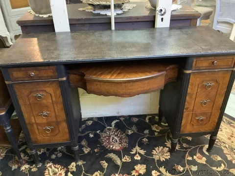 Antique French Burled Wood Writing Desk or Vanity Painted Black w Alligator Top Cover