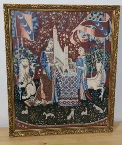 Vtg Needlepoint Cluny Tapestry Medieval French "The Lady & The Unicorn" 16"x20" - Picture 1 of 9