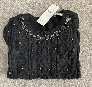 NUEVO M&S Damas Negro Algodón Rico Adornado Calce Ajustado Top Talla S - Imagen 1 de 3