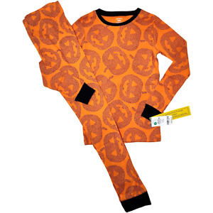 Carter's 2pc Orange Pumpkin Pajamas Sz 14 Kids Cotton Halloween Jack O Lantern