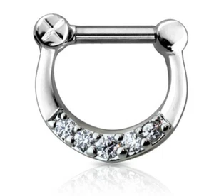 Septum Nose Captive Clicker Dainty 5 Clear Gems 16 Gauge 5/16" Steel - Picture 1 of 4